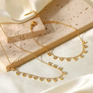 RENSINO 18K Gold Plated Tassel Round Zircon Stainless Steel Bead Chain Clear Cubic Zircons Round Zircons Necklace Bracelet Jewelry Sets