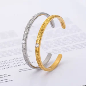 RENSINO 18K Gold Plated Zircon Embossed Vine C Shaped Open Cuff Bracelet for Vintage Daily Styling