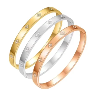 RENSINO 18K Gold plated New 6MM Bracelet with Four Leaf Clover Diamond Stainless Steel Bracelet Suitable for Wedding Party Gifts
