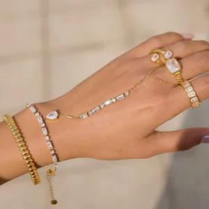 RENSINO 18K PVD Gold Plate Stainless Steel Bracelet Classic White Square Zircon Link Bracelet Hand Chain