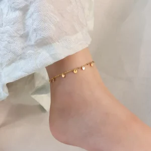 RENSINO 18K PVD Gold Plated No Fade Fashion Elegant Beach Wafer Dot Pave Pendant Stainless Steel Anklet Trendy for Women