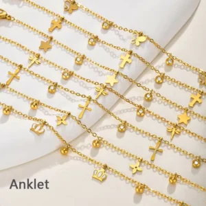 RENSINO 18K PVD Gold Plated Stainless Steel Anklet Cross Butterfly Tassel Pendant Chic Fashion Accessory With Zircon