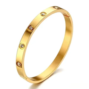 RENSINO 18K PVD Gold Plated Stainless Steel Bracelet Bangle Full Zircon Hypoallergenic Jewelry Unisex Trendy Fashion Bracelet