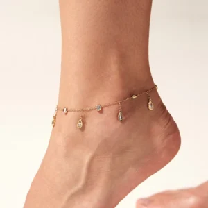 RENSINO 18K PVD Gold Plated Stainless Steel Colorful Zircon Teardrop Charm Anklets for Women Durable Hypoallergenic Waterproof