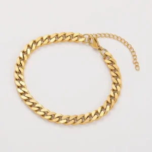 RENSINO 18K PVD Gold Plated Stainless Steel Double Sided Polished Curb Chain Bracelet for Women Waterproof & Non Fadin