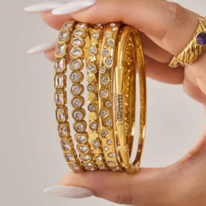 RENSINO 18K PVD Plated Waterproof Fashion Versatile 5A Round Rectangle Zircon Bangle Stainless Steel Bracelet for Women