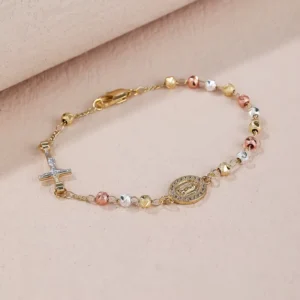 RENSINO 18k Gold Plated Religious Virgin Mary Bracelet Tricolor Rosary Embellishment Bracelet