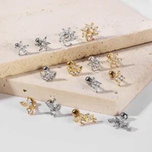 RENSINO 18k Gold Plated Round Ball Stud Earring Piercing Hexagram Star Gemstone Flower Zircon Screw Back Ear Stud