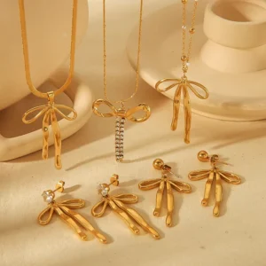 RENSINO 18k Gold Plated Stainless Steel Zircon Bowknot Pendant Collarbone Necklace Stud Earrings Jewelry Set