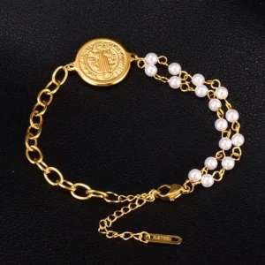 RENSINO 18k Gold Stainless Steel Religion Charm Pearl Bracelet for Women