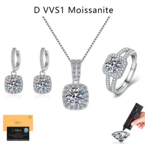 RENSINO 1CT D Color VVS1 Moissanite Wedding Set Platinum Plated Ring Stud Earrings Sugar Cube Pendant Necklace GRA Certified