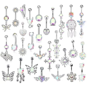 RENSINO 1PCS AB Colored Zircon Belly Ring Stainless Steel Piercing Jewelry Sexy Party Lady Body Jewelry CZ Zircon Pendant Jewelry