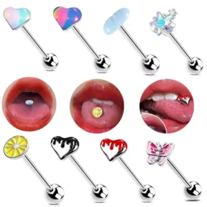 RENSINO 1PCS Fashionable Perforated Tongue Ring Heart-shaped Drip Straight Tongue Nail 14G butterfly Stainless Steel Piercing Jewelry