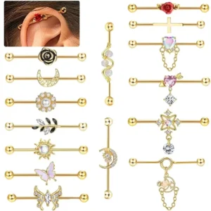 RENSINO 1PCS Gold Long Ear Stud Charm Women Stainless Steel Piercing Jewelry Party Flower Ear Bridge Piercing Body Jewelry