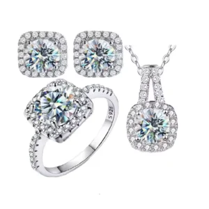 RENSINO 1ct 6.5mm Iced ct Shape Diamond Jewelry Ring Necklace Earring Sets 925 Sterling Silver for Women Wedding
