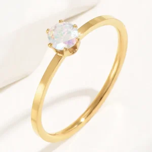 RENSINO 1mm Classic Gold Plated Zircon Rings Jewelry for Women Stackable Thin Gothic Rings Stainless Steel Wedding Ring 6 Prongs Setting