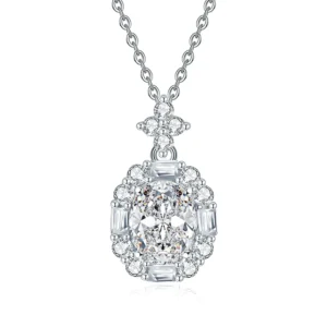 RENSINO 2 Carat 7×9 Pigeons Egg Moissanite Bohemian Necklace Womens S925 Sterling Silver Oval Diamond Encrusted Pendant Cross Chain