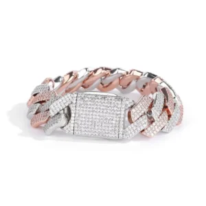 RENSINO 20mm Rose Gold With Silver Plated Cuban Link Chain Hip Hop Iced Out Diamond Bracelet Necklace Fine Jewelry for Men Women