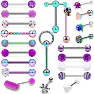 RENSINO 22pcs Mixed Colors Stainless Steel Tongue Rings Set Straight Barbell Body Piercing Jewelry for Women and Men