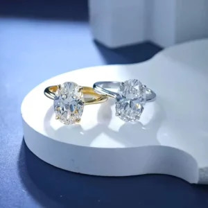 RENSINO 2ct Oval Cut Moissanite Solitaire Ring S925 Sterling Silver Gold & Rhodium Plated D Color VVS1 Luxury Engagement Ring Woman