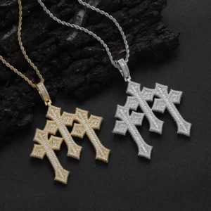 RENSINO 3 Cross Splicing Pendants Necklace Hip Hop Jewelry Brass Set Full Iced 5A Zircon Trendy Wide New Cross Chain