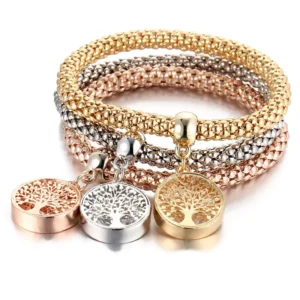 RENSINO 3 Pcs set Designer Rhinestones Gold Plated Tree of Life Charm Bracelets Popcorn Chain Jewelry for Women HS 0002