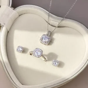 RENSINO 3 Piece Set Classic Simple Square Shape Ring Pendant Necklace CZ Earring Sets For Women