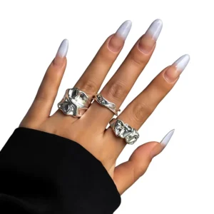 RENSINO 3 piece Set Irregular Lines Hip hop Unisex Design Geometric Pattern Ring Trendy Silver Plated Tungsten European American Style