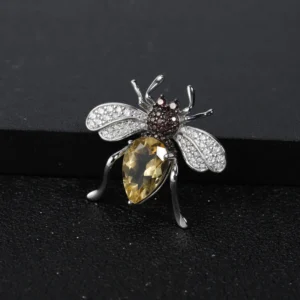 RENSINO 3.04Ct Natural Citrine Gemstone Animal Brooches Fine Jewelry 925 Sterling Sliver Bee Brooches for Women