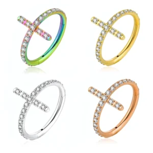 RENSINO 316 L Stainless Steel Cross Nose Ring with Cubic Zirconia Opening Closing Hoop Earrings Ear Cartilage Piercing Jewelry