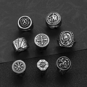 RENSINO 316L Stainless Steel 14K Gold Plated Punk Gothic Biker Skull Viking Vintage Wedding Rings for Men Gift