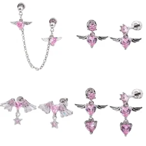 RENSINO 316L Stainless Steel 18K Gold plated Trendy Pink Angel Heart Piercing Fine Jewelry for Women Wedding