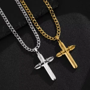 RENSINO 316L Stainless Steel 3D Cross Pendant Necklace for Men Religion Jewelry Accessories Gift for Hip-pop Rappers