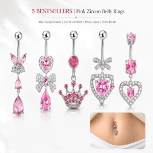 RENSINO 316L Stainless Steel Belly Button Ring Heart Butterfly Zircon Navel Piercing Rings Low MOQ 30pcs ASTM Belly Rings