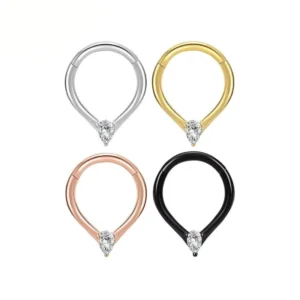 RENSINO 316L Stainless Steel CZ Septum Nose Piercing 16G PVD Gold Plated Hinged Segment Ring Clicker Nose Rings for Women