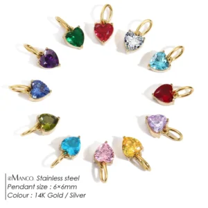 RENSINO 316L Stainless Steel Classic Heart Shaped Zircon Pendant Birthstone Necklace Charm For Women’s DIY Jewelry Making