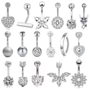 RENSINO 316L Stainless Steel Crystal Navel Piercing Rings Heart Butterfly Zircon Belly Button Rings Body Jewelry for Women