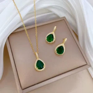 RENSINO 316L Stainless Steel Micro Inlaid Water Drop Green Zircon Pendant Necklace Earrings Jewelry Set for Women Luxury Light