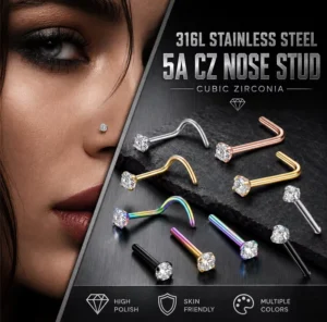 RENSINO 316L Stainless Steel Prong CZ Nose Stud L Shape Straight Curved Screw Nose Ring Hypoallergenic Body Piercing Jewelry for Women