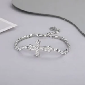 RENSINO 316L Stainless Steel Vintage Cross Charm Tennis Bracelet With Zircon Hypoallergenic Religious Gift For Men For Anniversary