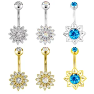 RENSINO 316L Surgical Steel 14G 10mm Sunflower CZ Belly Button Ring Daisy Navel Piercing Jewelry for Women