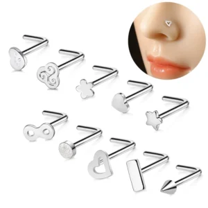 RENSINO 316L Surgical Steel L Shaped Nose Studs Multi Style Geometric Heart Star Infinity Rectangle Piercing Jewelry