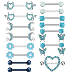 RENSINO 316L Surgical Steel Nipple Piercing Blue Threaded Butterfly Barbell Silver Stainless Steel Body Piercing Sticker Jewelry