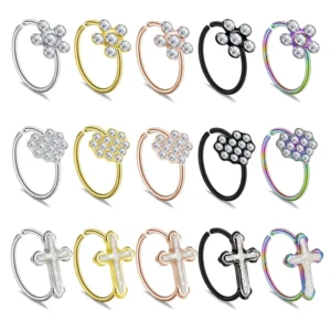 RENSINO 316L Surgical Steel Nose Rings Cross Heart Flower CZ Hoop Piercing Jewelry Multi Color for Nose & Ear Cartilage
