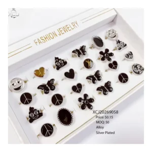 RENSINO 36 Pcs Alloy Silver Plated Fashion Ring Set for Women’s Daily Party Random Mini Figurer Box