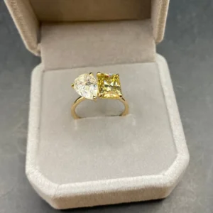 RENSINO 3CT Radiant Champagne 2CT Pear White D VVS1 Moissanite Prong Set Women’s 18K Yellow Gold GRA Certified Custom Ring