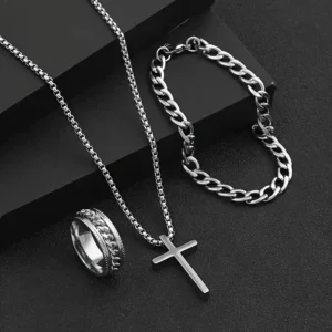 RENSINO 3PCS SET Men Ring Bracelet Necklace Black Silver Gold Colors Stainless Steel Cuban Chain Cross Pendant Necklace Jewelry Set