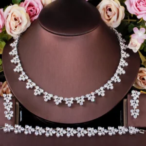 RENSINO 3Pcs Set Necklace Bracelet and Earrings Shiny White Blue Green Cubic Zirconia Party Wedding Bridal Jewelry Set for Women