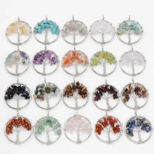 RENSINO 3cm Natural Crystal Chip Tree of Life Pendant Colorful Chakra Root Tree Pendant for DIY Jewelry Accessories