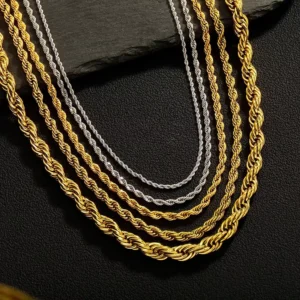 RENSINO 3mm 8mm Twisted Necklace Chain No Tarnish Stainless Steel Silver 18K Gold Rope Chain Hip Hop
